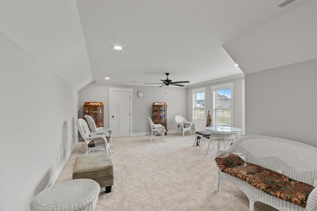 bedroom with carpet floors, recessed lighting, ceiling fan, and baseboards