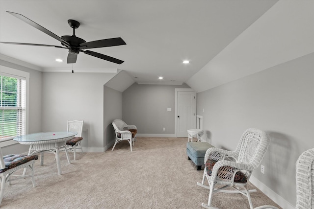 living area featuring recessed lighting, a ceiling fan, carpet floors, baseboards, and vaulted ceiling