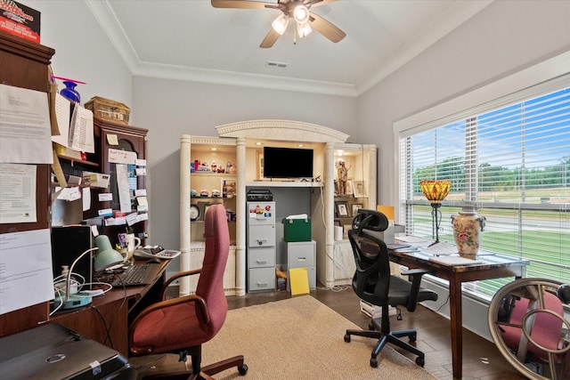 office featuring a ceiling fan and ornamental molding
