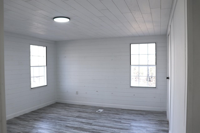 empty room featuring wood walls, baseboards, and wood finished floors