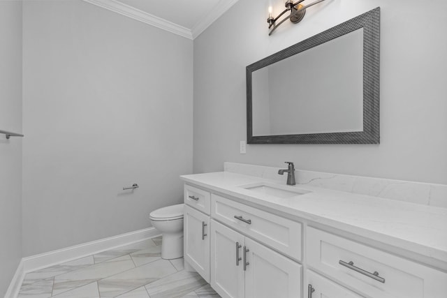 bathroom featuring vanity, baseboards, ornamental molding, toilet, and marble finish floor