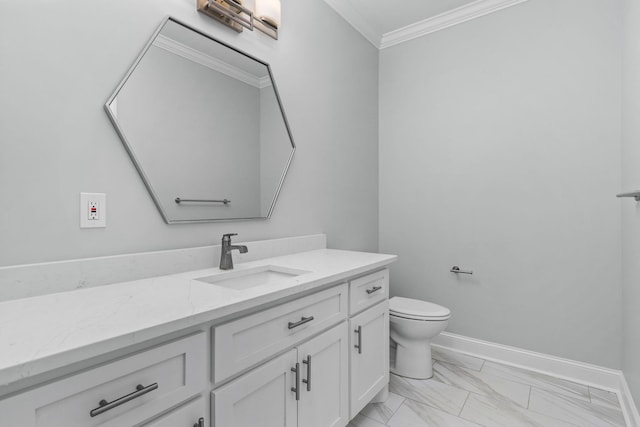 bathroom featuring toilet, marble finish floor, crown molding, baseboards, and vanity