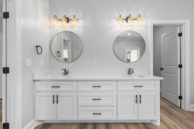 full bathroom with double vanity, wood finished floors, baseboards, and a sink