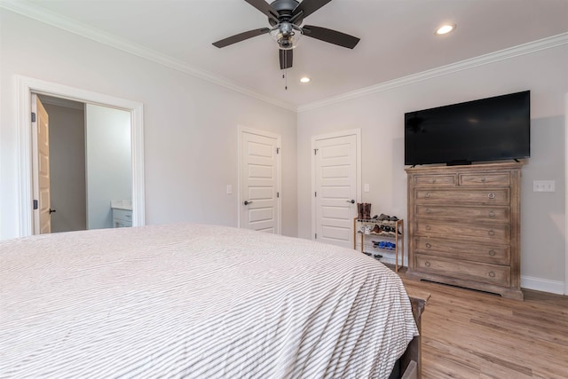 181 Silver Leaf Ln, Florence, AL - bedroom with light wood-style flooring, crown molding, recessed lighting, and a ceiling fan