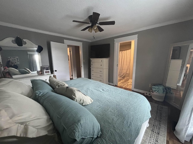 bedroom featuring a textured ceiling, ceiling fan, ensuite bathroom, and crown molding