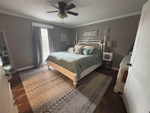 bedroom featuring ceiling fan, dark wood-type flooring, crown molding, and a textured ceiling