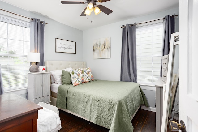  - bedroom featuring dark wood-type flooring, multiple windows, and ceiling fan