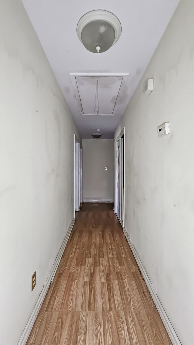  - corridor featuring attic access and wood finished floors