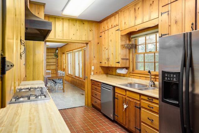  - kitchen with wooden walls, appliances with stainless steel finishes, a sink, and range hood