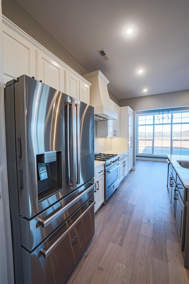 kitchen with hardwood / wood-style flooring, white cabinets, custom range hood, and appliances with stainless steel finishes