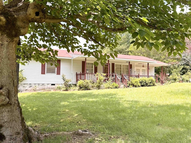  - single story home with covered porch, crawl space, and a front yard
