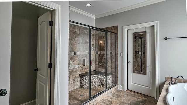 bathroom featuring plus walk in shower and crown molding