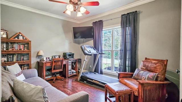 interior space with crown molding, plenty of natural light, ceiling fan, and hardwood / wood-style flooring