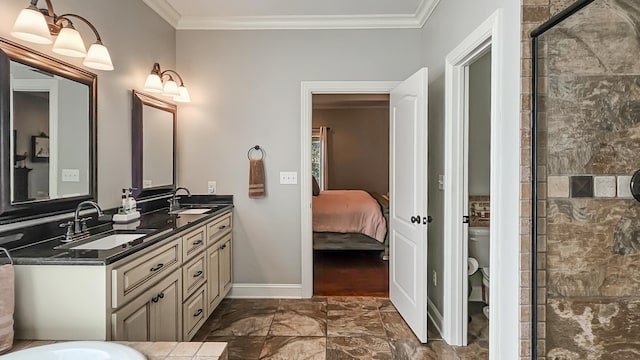 bathroom featuring vanity, toilet, walk in shower, and ornamental molding