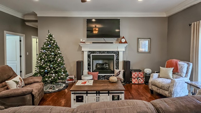 living room with a premium fireplace, dark hardwood / wood-style flooring, and ornamental molding