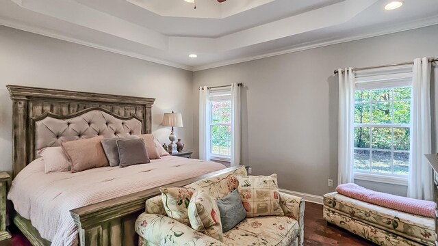 bedroom with a tray ceiling, multiple windows, and dark hardwood / wood-style floors