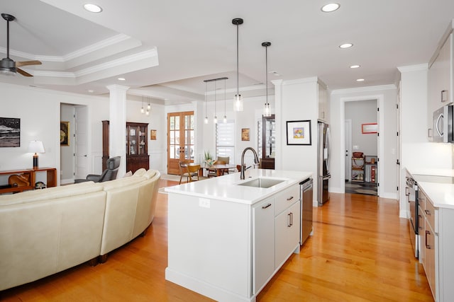 kitchen featuring an island with sink, a tray ceiling, light wood-style floors, stainless steel appliances, and a sink