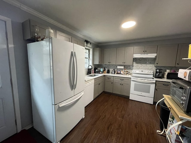 kitchen featuring dark wood-type flooring, sink, gray cabinetry, crown molding, and white appliances