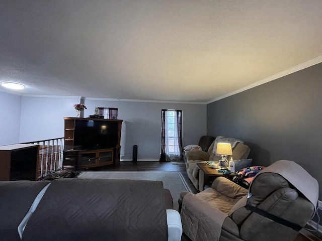 living room with hardwood / wood-style flooring and ornamental molding