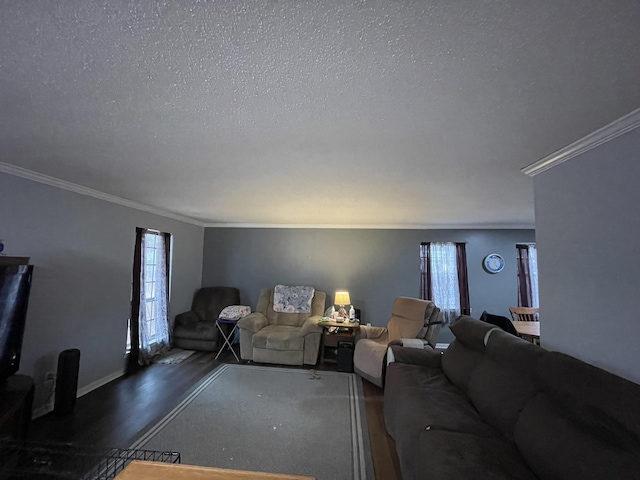 living room with dark hardwood / wood-style flooring, ornamental molding, a wealth of natural light, and a textured ceiling