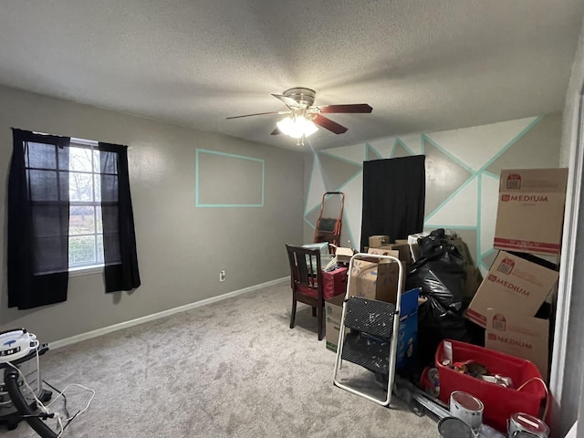 office featuring ceiling fan, carpet flooring, and a textured ceiling