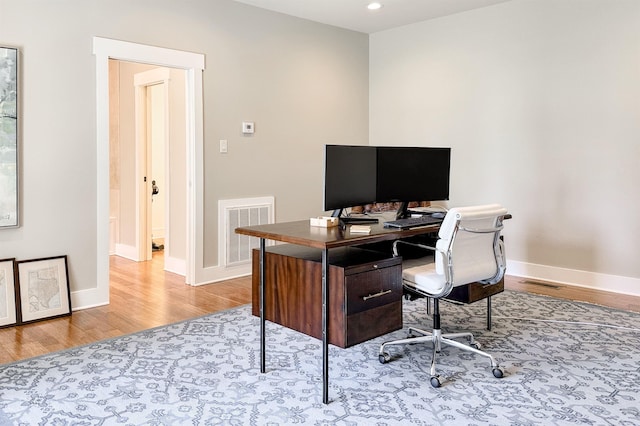  - office area with baseboards, wood finished floors, and recessed lighting