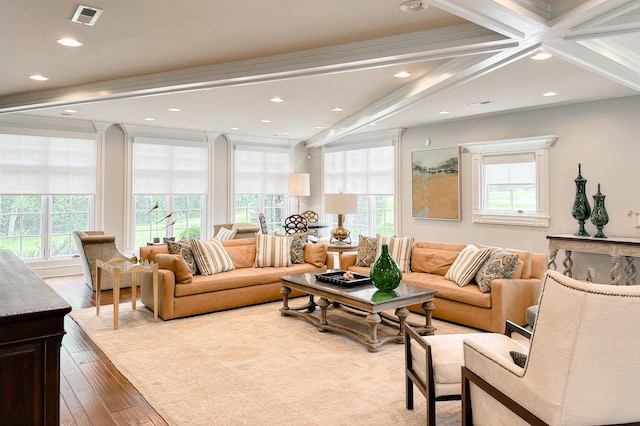  - living room featuring healthy amount of natural light, hardwood / wood-style floors, beamed ceiling, and recessed lighting
