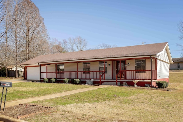 ranch-style home with a porch, a front lawn, a garage, and roof with shingles