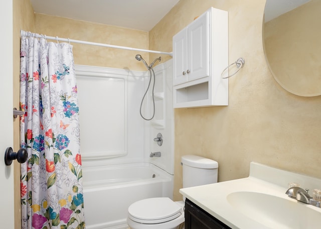 full bath with toilet, shower / tub combo with curtain, and vanity