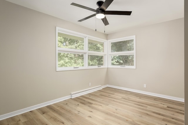 empty room with light hardwood / wood-style floors, ceiling fan, and a baseboard heating unit