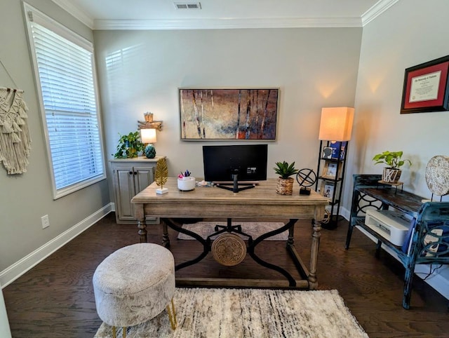  - office space with crown molding and dark wood-style floors