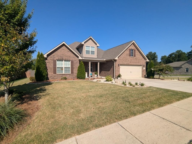  - view of front of home with brick siding, driveway, and a front lawn
