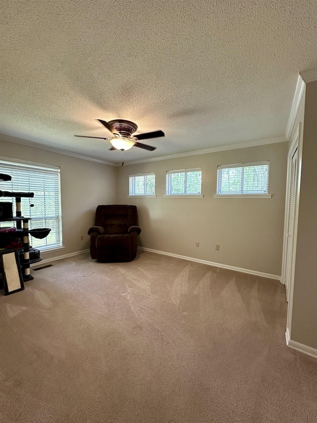 living area with crown molding, a textured ceiling, and carpet