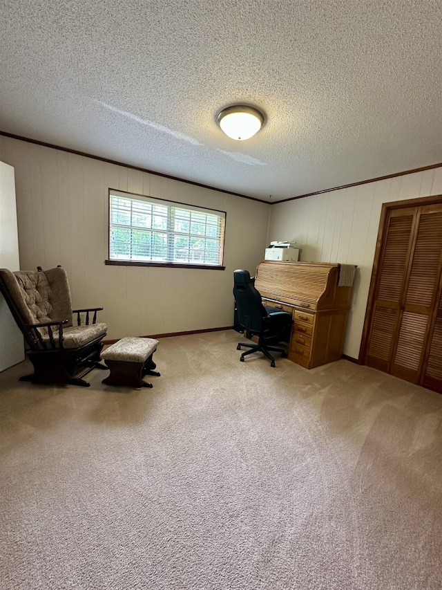 office space with a textured ceiling and light carpet