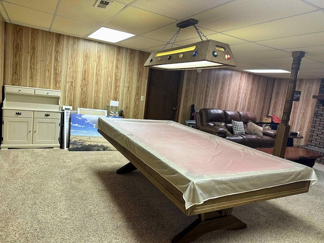 game room with carpet flooring, wooden walls, and billiards