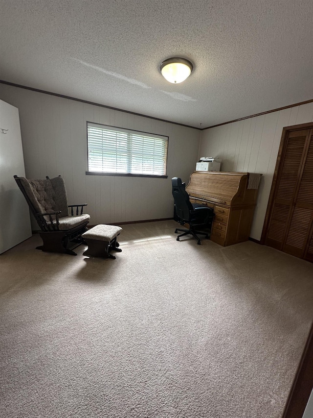 carpeted home office with a textured ceiling