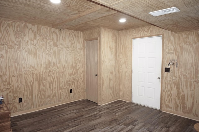 spare room with wooden walls, dark wood-type flooring, and wood ceiling