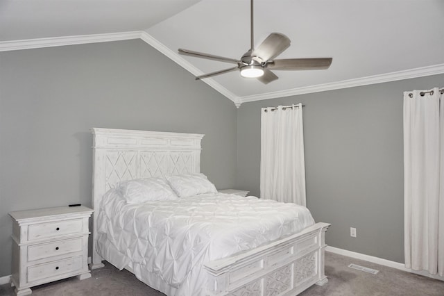 bedroom featuring ceiling fan, crown molding, carpet floors, and lofted ceiling