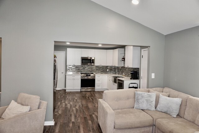 living room with dark hardwood / wood-style flooring, sink, and high vaulted ceiling