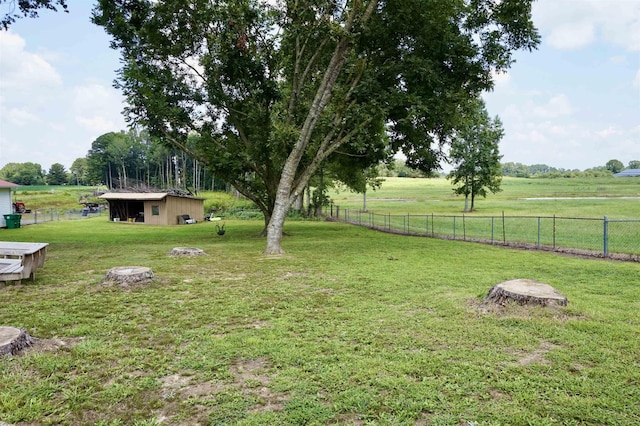 view of yard with a rural view and an outbuilding