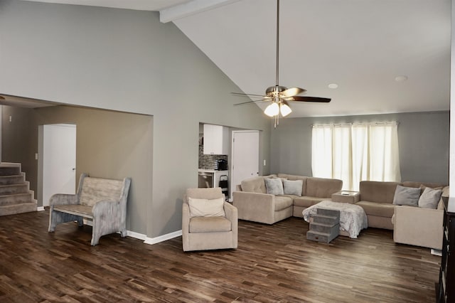 living room featuring ceiling fan, dark hardwood / wood-style floors, beam ceiling, and high vaulted ceiling