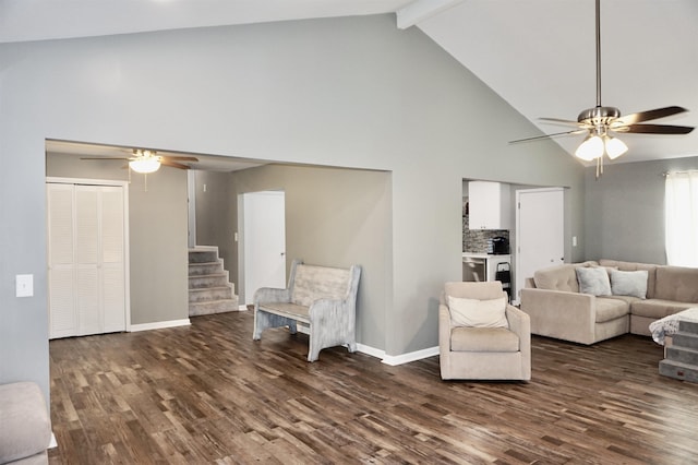 living room with beam ceiling, high vaulted ceiling, ceiling fan, and dark wood-type flooring