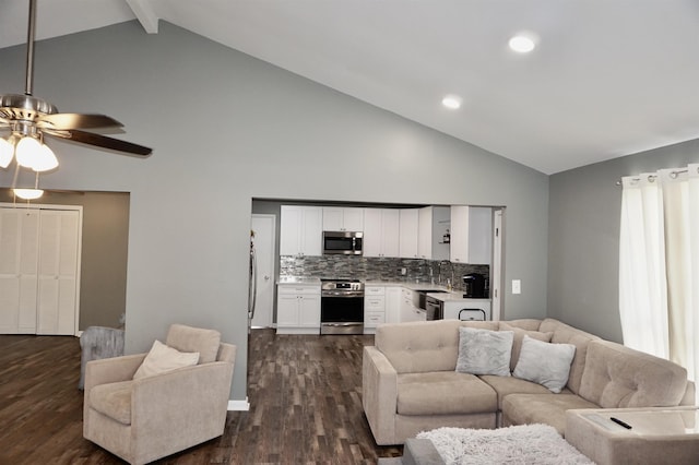 living room with high vaulted ceiling, sink, ceiling fan, beamed ceiling, and dark hardwood / wood-style flooring