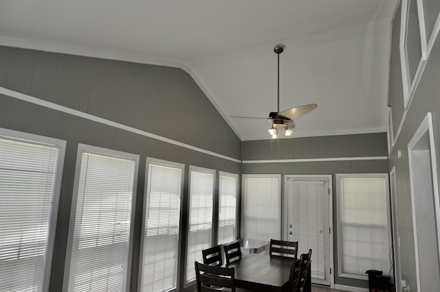 office featuring ceiling fan, a wealth of natural light, and vaulted ceiling