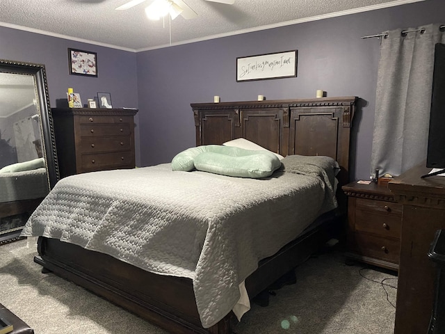  - carpeted bedroom featuring a textured ceiling, crown molding, and a ceiling fan