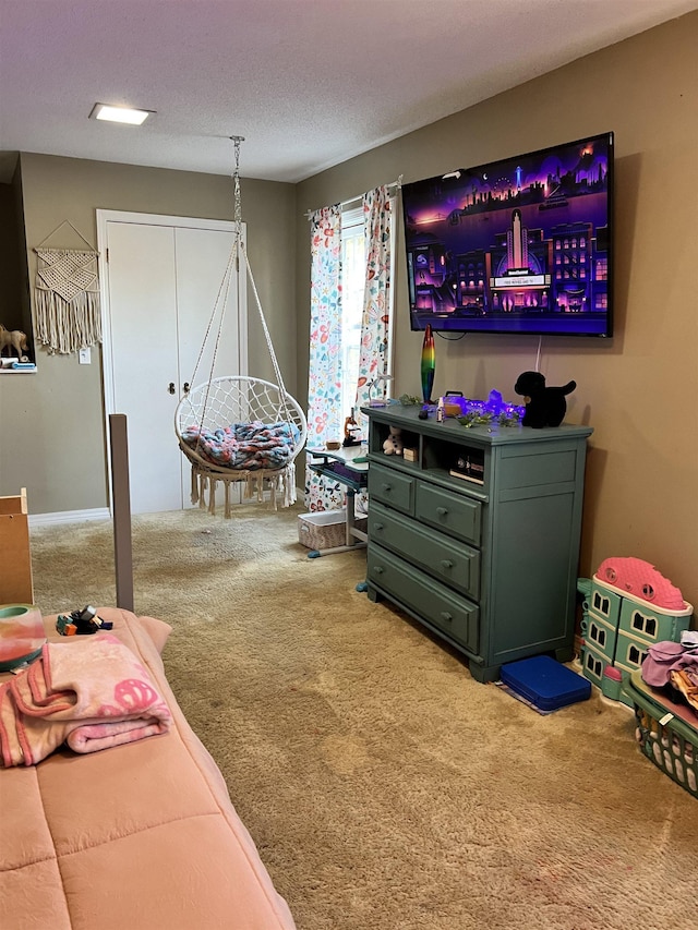  - recreation room with a textured ceiling and carpet floors