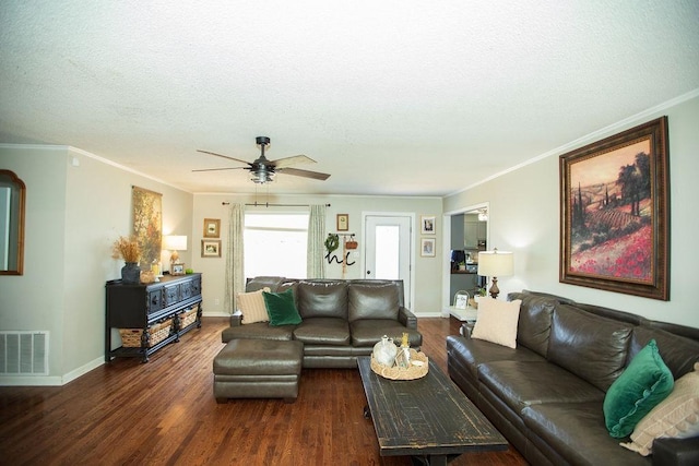  - living area with wood finished floors, a textured ceiling, crown molding, and a ceiling fan