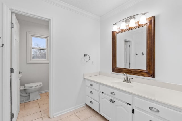 bathroom featuring tile patterned flooring, vanity, ornamental molding, toilet, and a textured ceiling