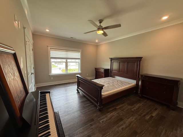  - bedroom with dark wood-style flooring, baseboards, crown molding, a ceiling fan, and recessed lighting