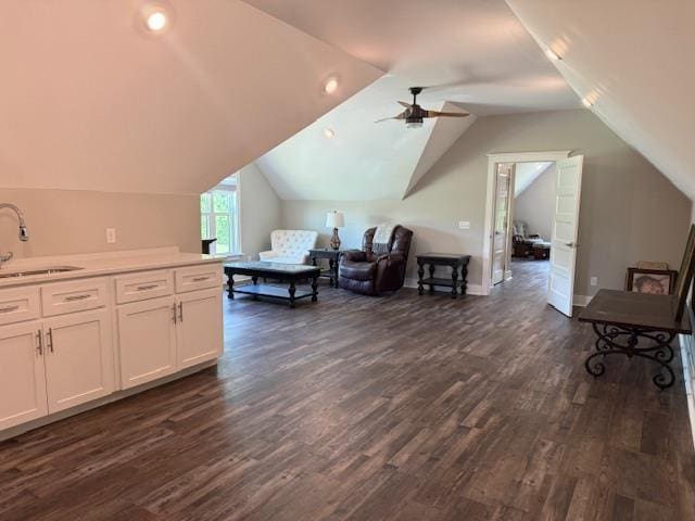  - additional living space with a sink, vaulted ceiling, dark wood-style floors, ceiling fan, and baseboards